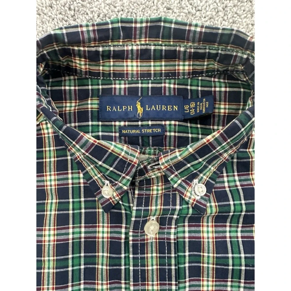 POLO Ralph Lauren Navy Blue & Green Plaid Button-down Shirt,‎ LARGE (14-16)